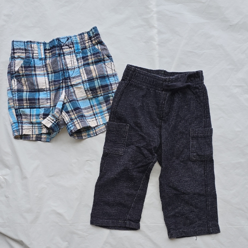 Carters & Jumping Beans Kids Blue Plaid Shorts & Navy Cargo Pants 18 M